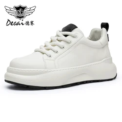 DESAI Full Grain Leather Casual Shoes For Men Thick Bottom White Color Sneakers Breathable 2023 Fashion New Arrival