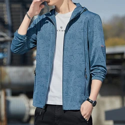 Fashion Hooded Spliced Zipper Pockets Printed Thin Jackets Men's Clothing 2024 Summer New Oversized Casual Tops All-match Coats