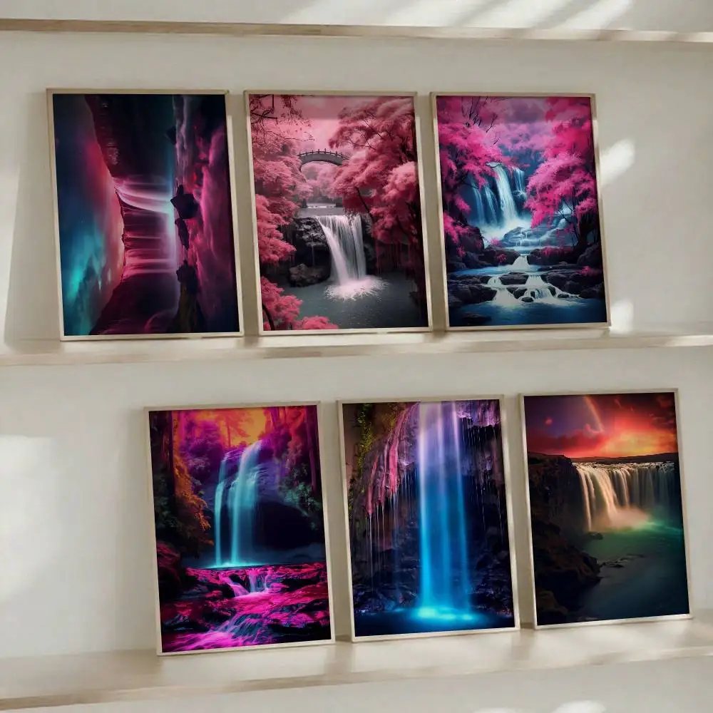Natural Landscape Sakura Trees Waterfall Print Posters High Quality Self-adhesive Wall Art Decorations Color Prints Sticky