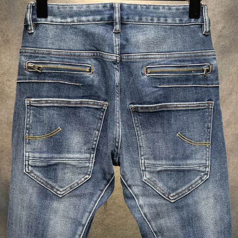 Street Fashion Men Jeans Retro Blue Elastic Skinny Fit Spliced Biker Jeans Homme Zipper Designer Hip Hop Denim Pencil Pants Men