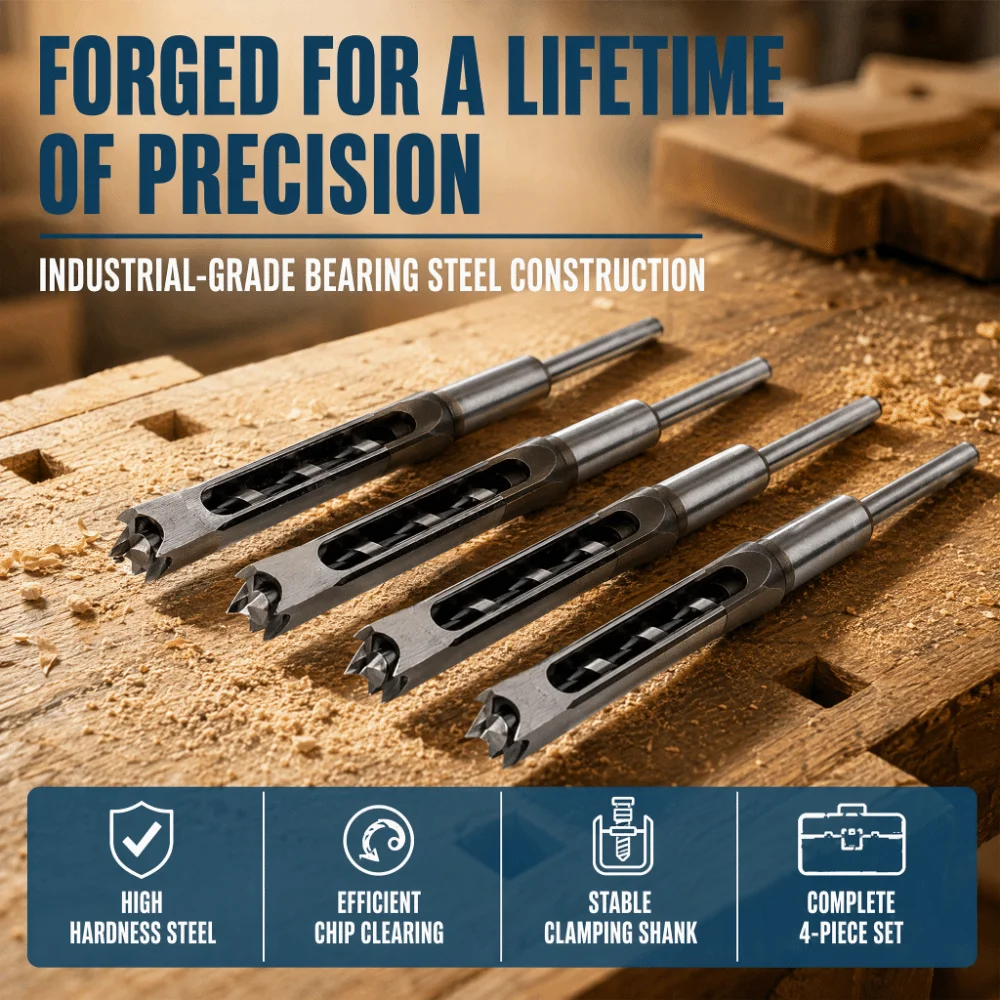 4pcs Bearing Steel Square Hole Drill Bits 11-12.7mm Sizes Countersink Design Mortising Chisel Set Mortising Chisel Type