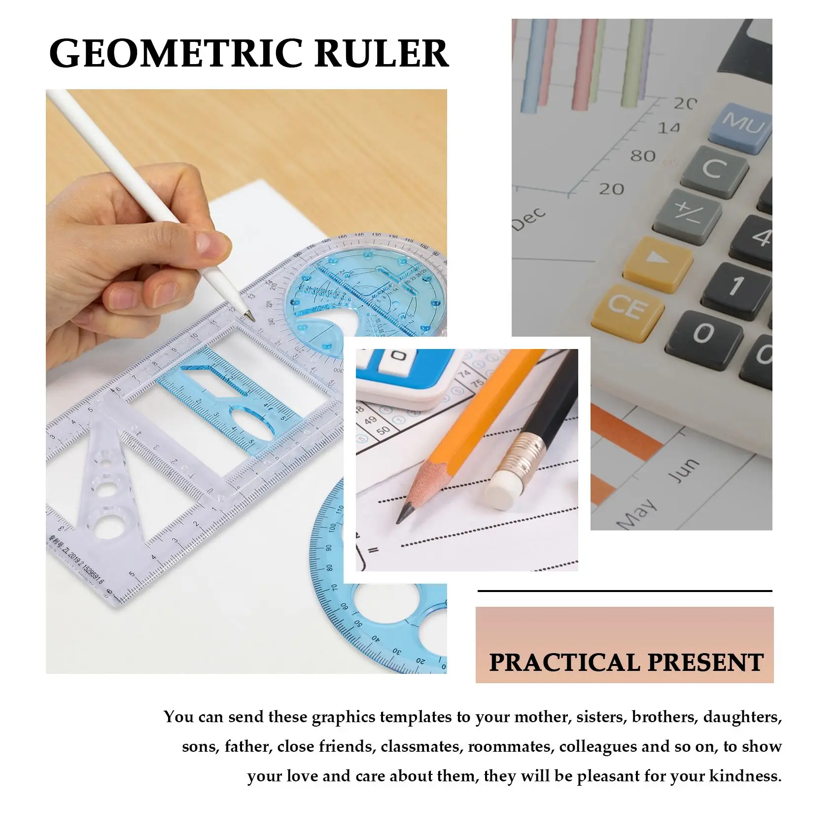 FTGT-2 Pcs Multifunctional Geometric Ruler Plastic Circle Drawing Tool Drafting Templates Clear Graphic Design Tools