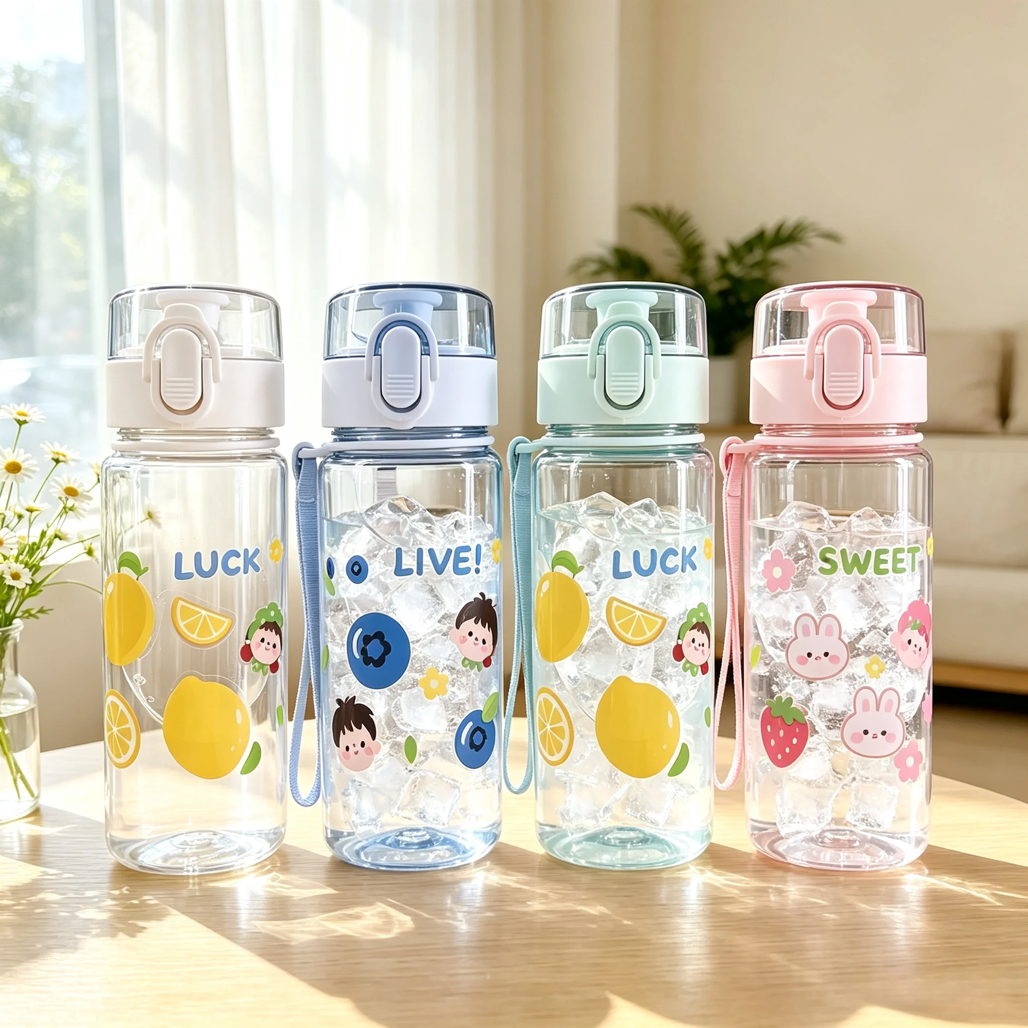 Cute Cartoon Fruit Character Print Water Bottle, Portable Flip Top Leakproof Thermos Cup with Lanyard for Kids School Outdoor