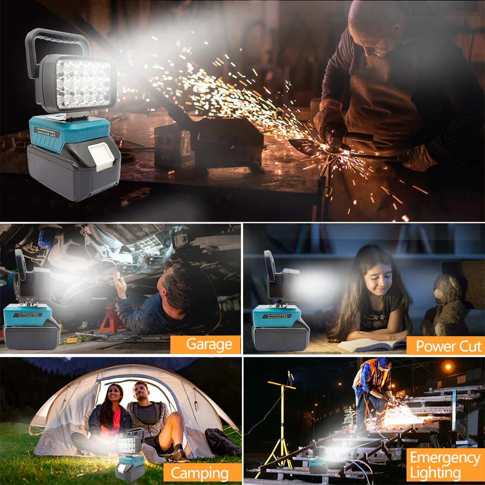 

Portable Lanterns Camping Lamp 18 LED Working Lights Spotlights USB TypeC Power Bank for Makita 18V Li-ion Battery BL1830 BL1815