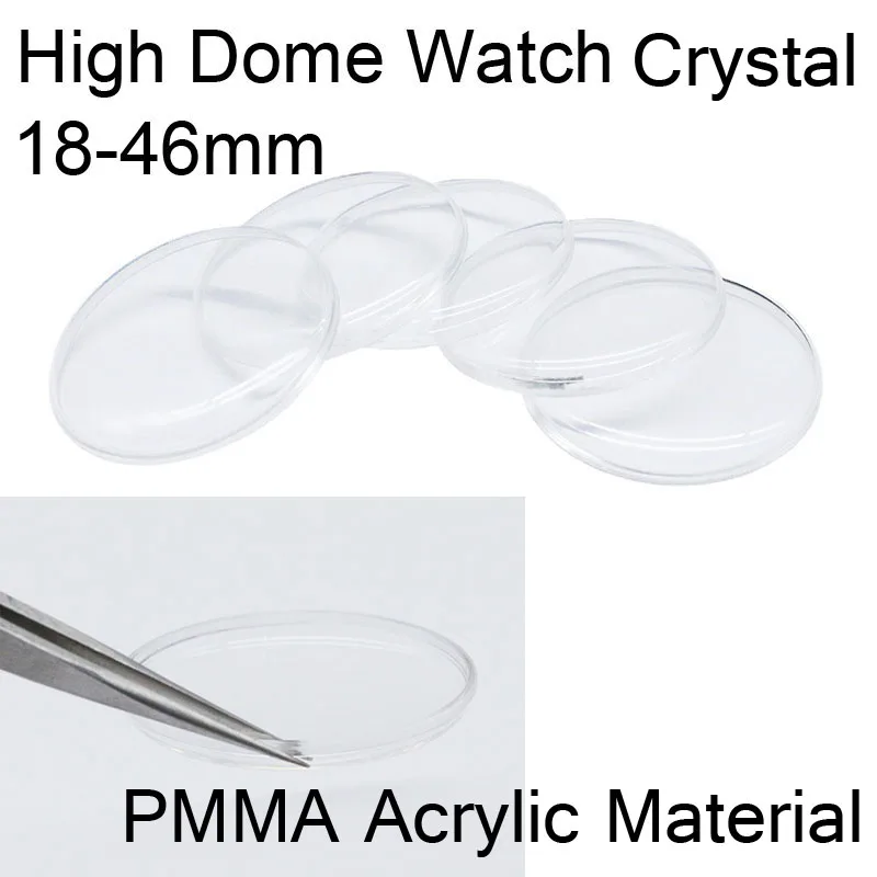 Orologio acrilico a cupola alta a forma di coperchio di spessore 1 mm, cristallo 18 mm - 46 mm, parti di riparazione del vetro dell'orologio all'ingrosso