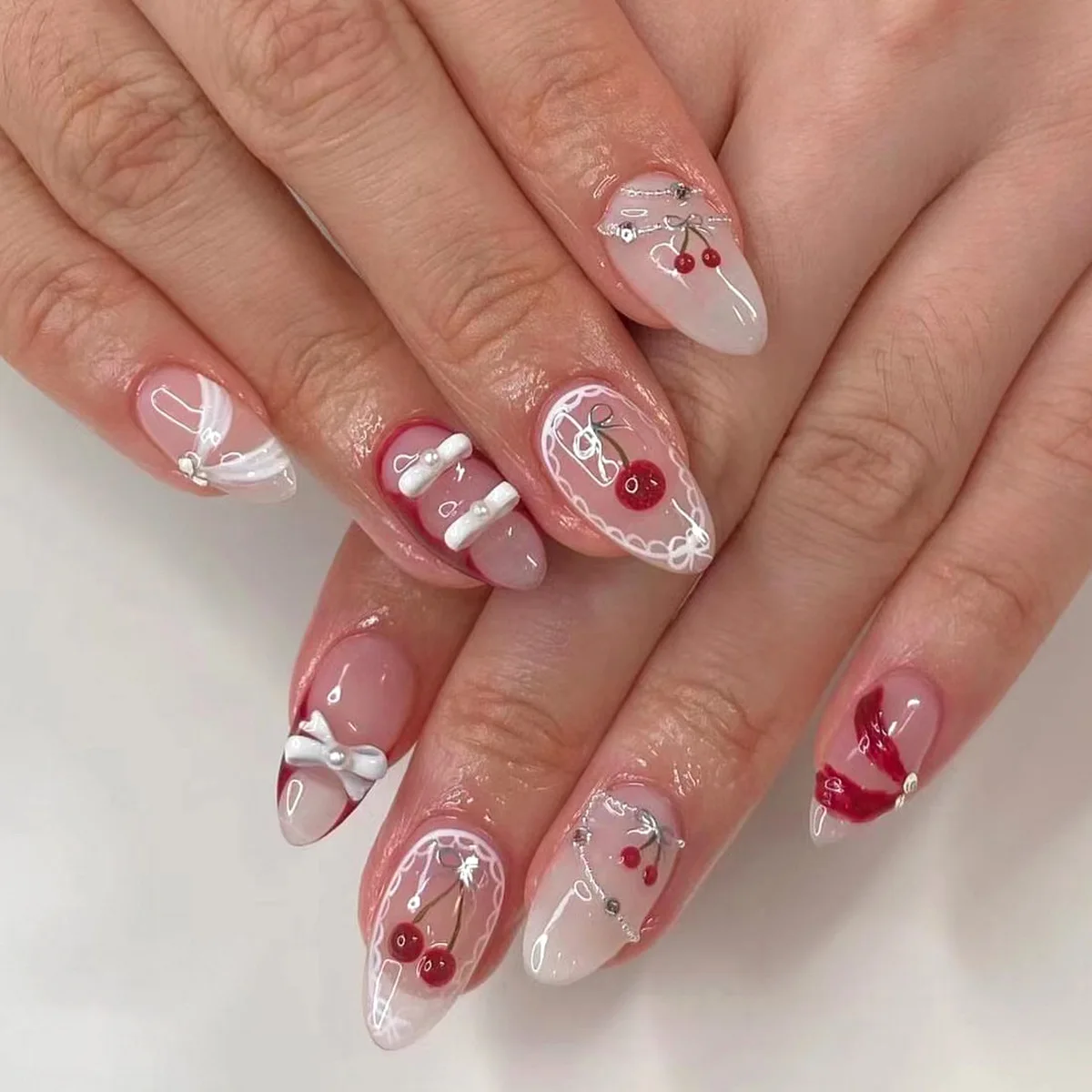 Uñas postizas de estilo francés para mujer y niña, uñas postizas de Ballet, diseño de lazo de cereza, 24 piezas