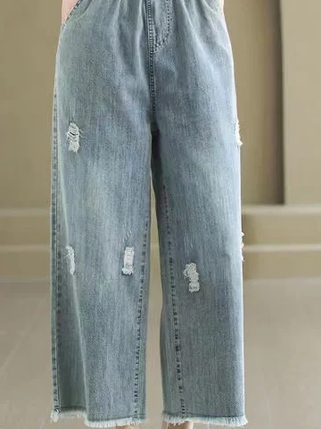 

Повседневные широкие джинсы с высокой талией и эластичной резинкой на талии, простые прямые джинсы, рваные потертые брюки с девятью точками для женщин больших размеров