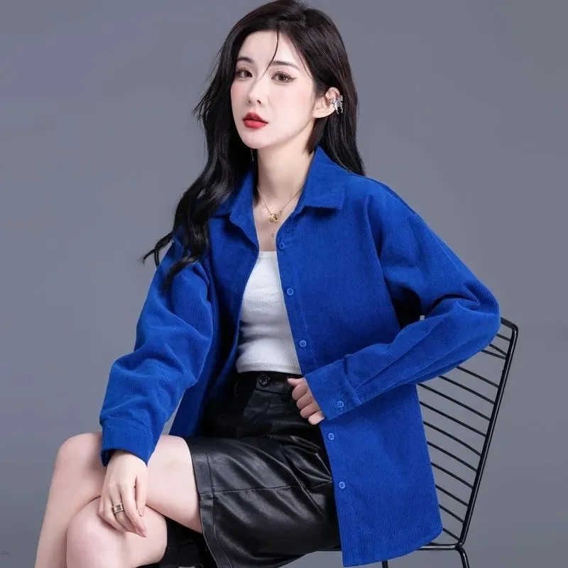 

Corduroy Coat Women's2025Spring Autumn New Jacket Blue Striped Velvet Casual Shirt Ladies Cardigan Loose Outwear Temperament Top