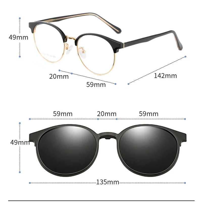 KIZN 女性磁気近視偏光サングラス男性 2025 新 2 で 1 クリップメガネラウンドフレーム光学レンズ眼鏡 -0.5 に-10