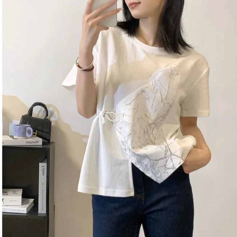 

2026 Summer New Solid Color Plus-Size Loose Spliced T-shirt with Unique Color, Drawstring, for Layering, Short-Sleeved Top