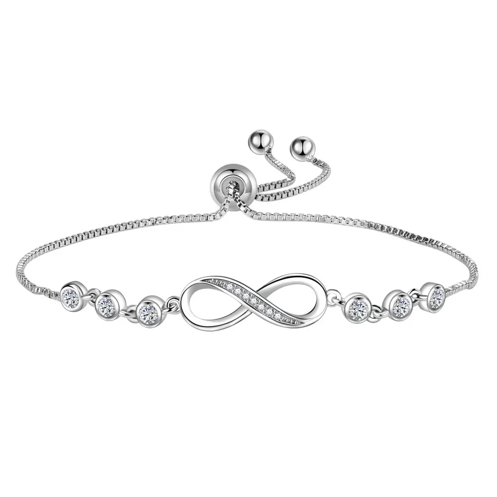 ALITREE 925 Sterling Silver Crystal Infinity 8 Pendant Bracelets Women Endless Love Shiny Rhinestone Hand Chain Shine Jewelry