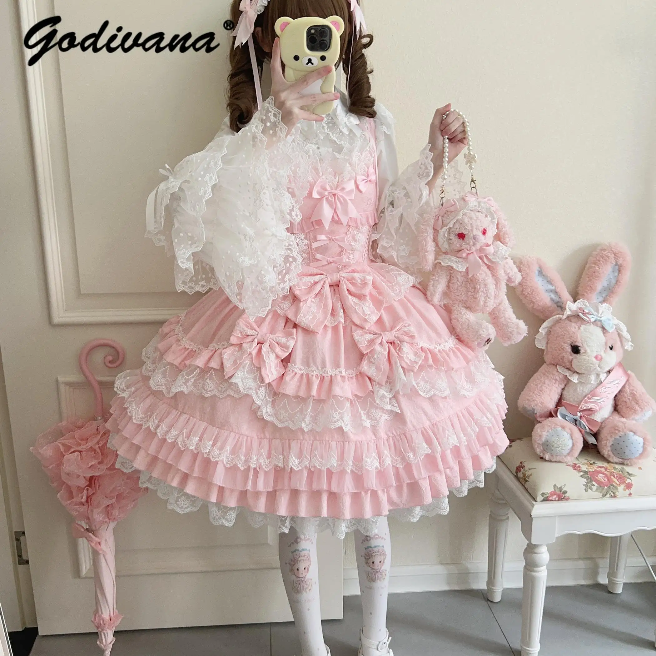 2025 New Spring Lolita Jsk Dress and Shirt Set Girls White Lace Sleeve Shirt Sweet Jsk Suspender Dress Cute Outfits