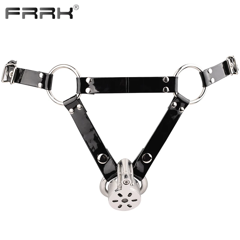 FRRK Triangle Male Chastity Belt with 167 Cock Cage Sexy Suits Shiny Black Harness Penis Display BDSM Sex Toys Shop