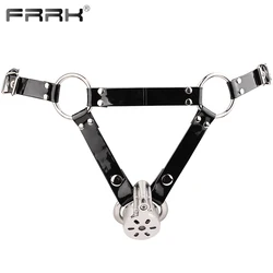 FRRK Triangle Male Chastity Belt with 167 Cock Cage Sexy Suits Shiny Black Harness Penis Display BDSM Sex Toys Shop