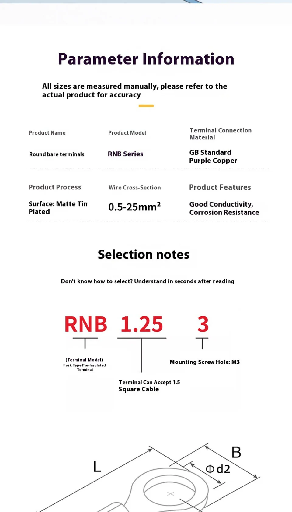 RNB1.25/2/3.5/5.5-4/6/8 Nicht isolierte Crimp-Klemme, verdickter, violett verzinnter Kupfer-Ringkabelverbinder – Detail 5