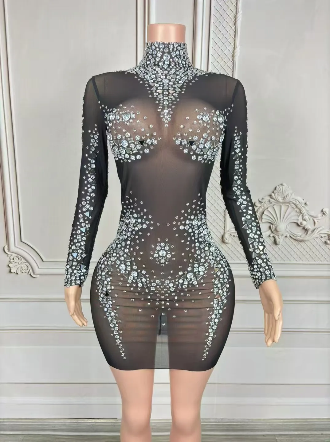 

Sparkling Black Sexy Lace Glitter Mini DressWomen's Cocktail Bar Singer Stage Costume BirthdayParty Costume D312