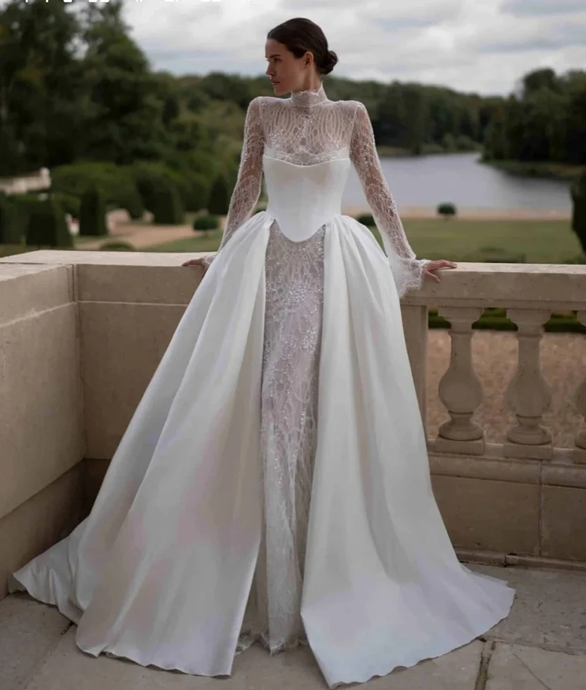 

MCDV Customized Graceful Sequined Mermaid Beading Evening Dress High Quality High Collar Long Sleeves Women Wedding Gowns