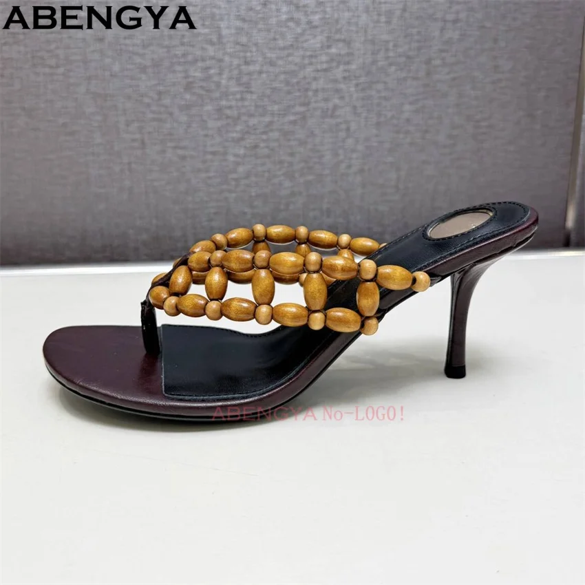Sexy Flip Flops String Bead Thin Heels Slippers Women Slides Summer High Heels Party Shoes Open Toe Sandals Women's Slippers