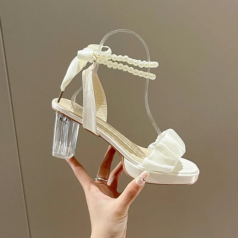 Fashion High-heeled Women\'s Shoes Summer New Chunky Heel Pearl Roman Sandals, Street Fashion Girly Style Women\'s Shoes