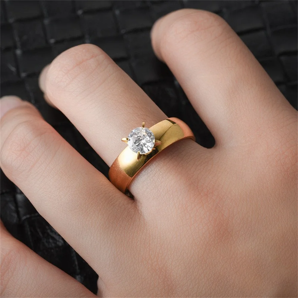 Romantic Lovers Couple Rings 6mm Gold Color Stainless Steel Crystal Matching Engagement Wedding Rings for Women Men Jewelry Gift