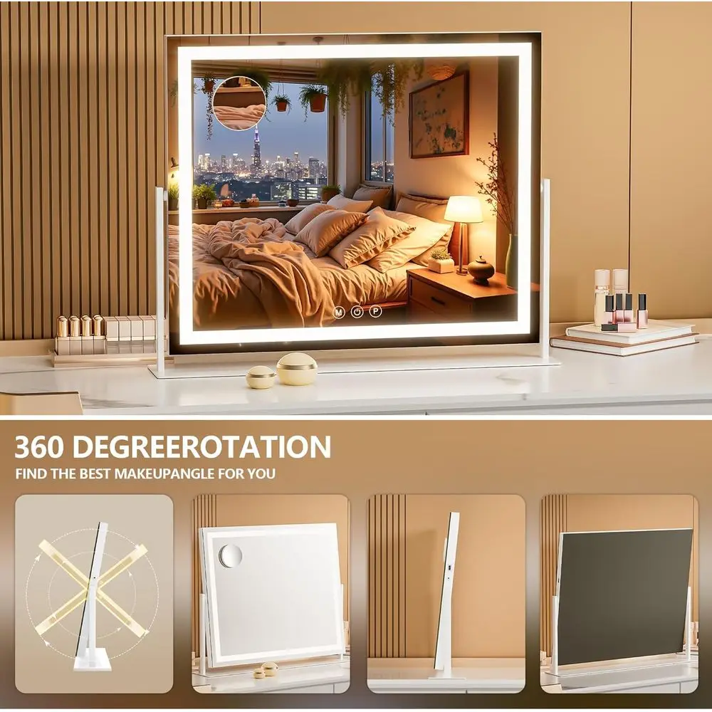 Espejo LED de tocador cuadrado de 26 x 22, luz de 3 colores con pantalla táctil, espejo de maquillaje regulable para escritorio