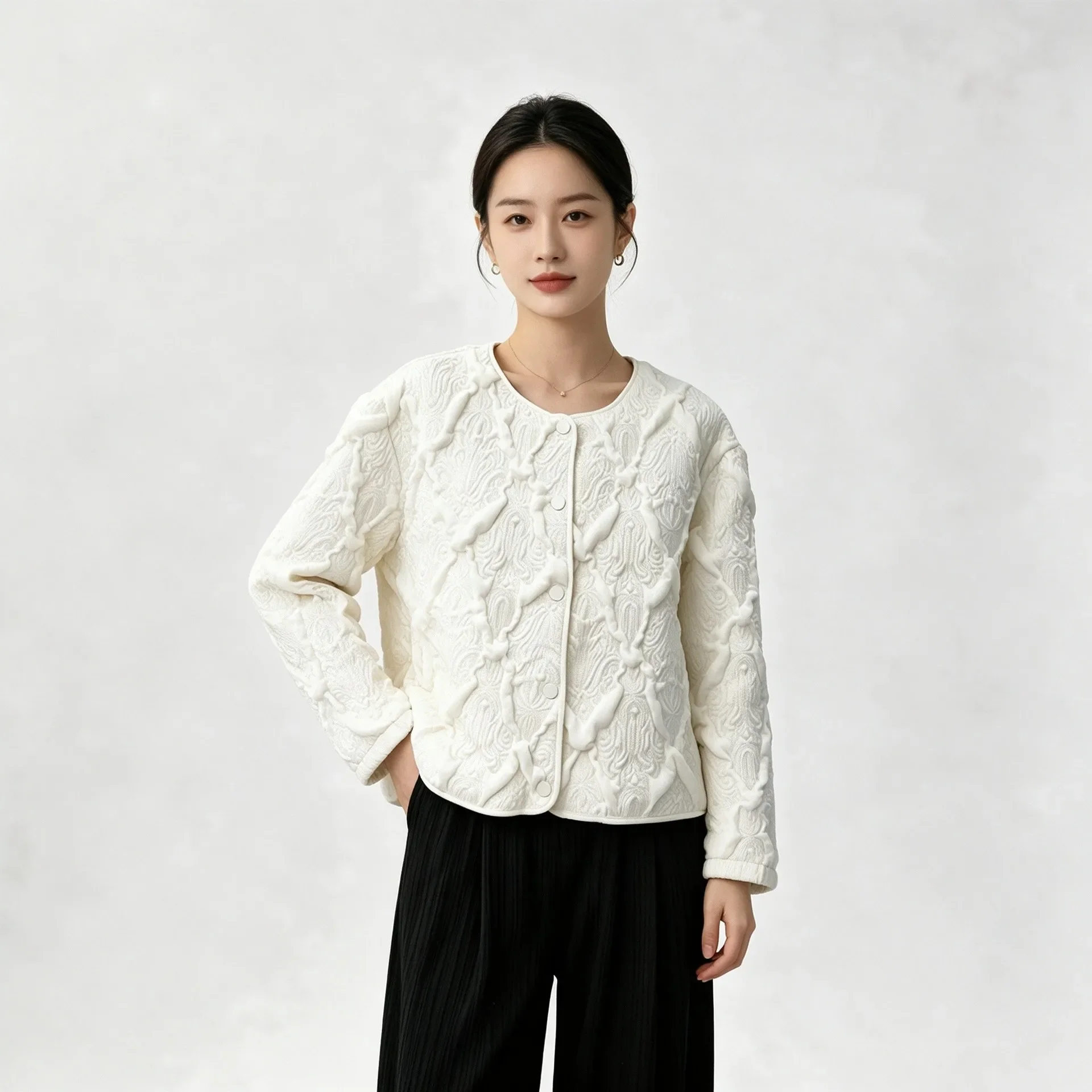 Miyake Women Embossed Jacquard Quilted Jacket 2026 New Round Neck Long Sleeve Button Short Coat