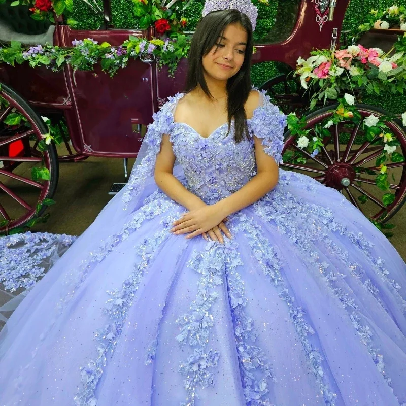 Блестящее длинное бальное платье, платье для Quinceanera, 3D цветы, искусственный цветок, накидка, корсет, платья 15 лет