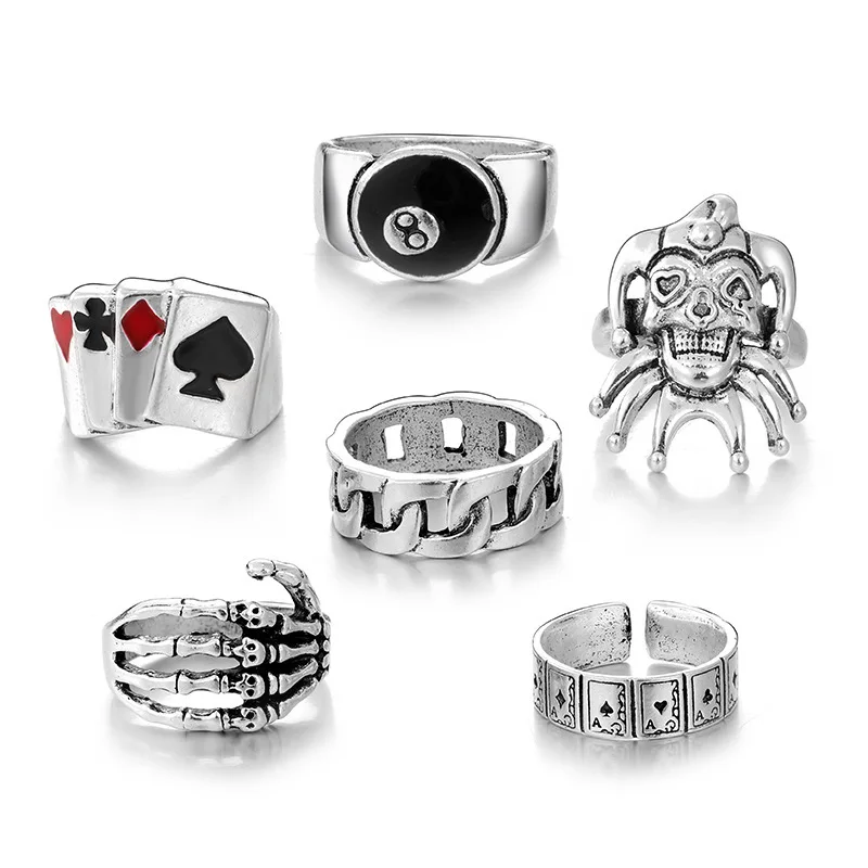 Hip Hop Metal Ring 6-Piece Drip Oil Poker Skull Clown Ring Niche Premium Vintage Set