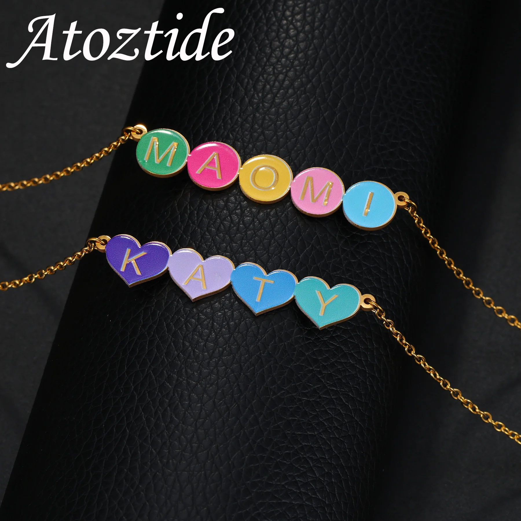 Atoztide – collier personnalisé avec nom pour femmes, impression couleur UV, lettres initiales, plaque nominative en acier inoxydable, bijoux, cadeau personnalisé