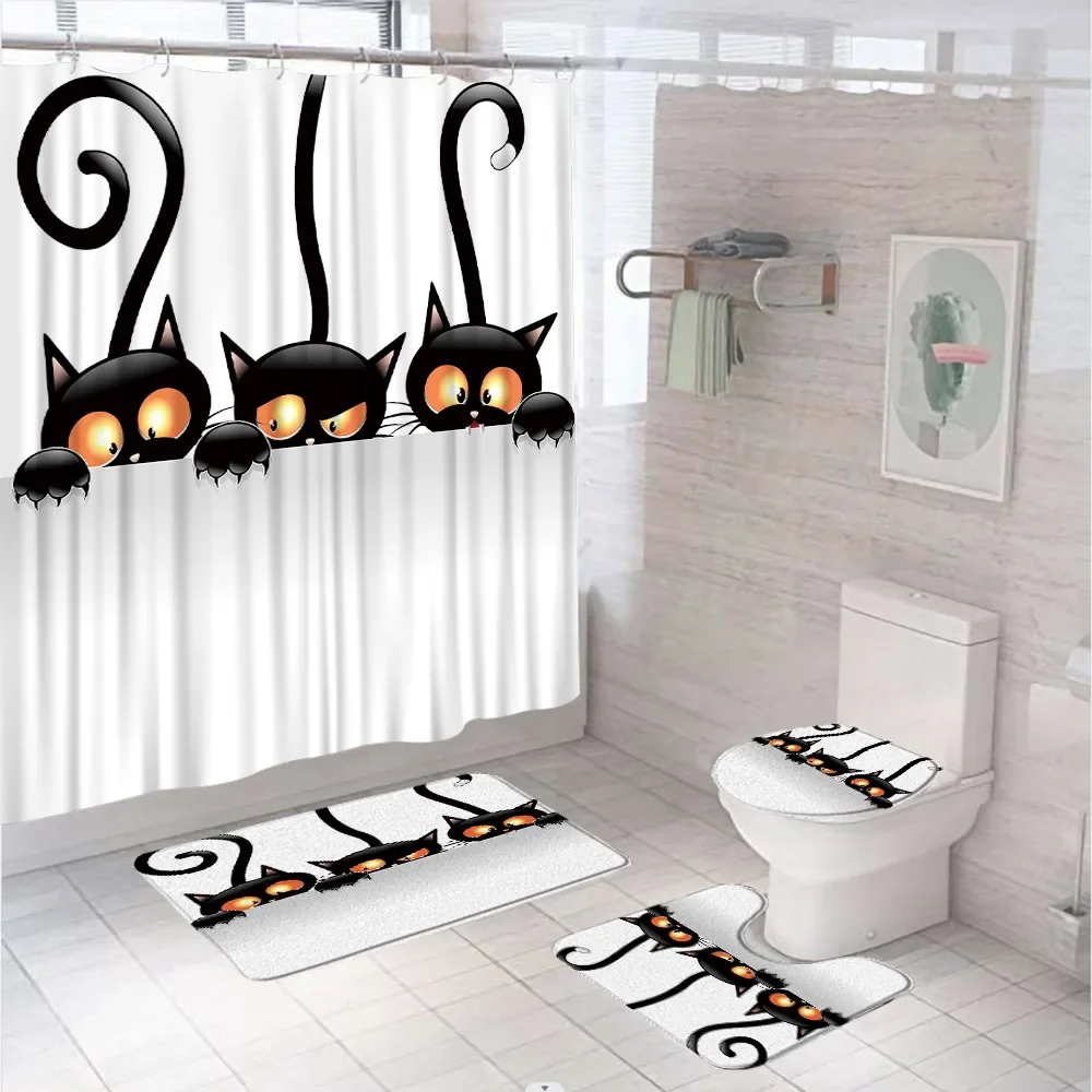 Cartoon Black Cat Pet Shower Curtain Sets Non-Slip Rug Bath Mat Toilet Lid Cover Cute Funny Lovely Animal Kids Bathroom Curtains