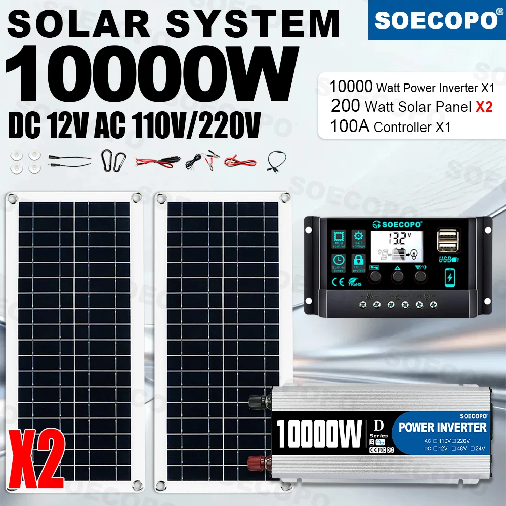 10000W Peak Solar System Kit Plug and Play 12V To 110V 220V Inverter 2x200W Photovoltaic Panel 100A Controller for Home Radio RV
