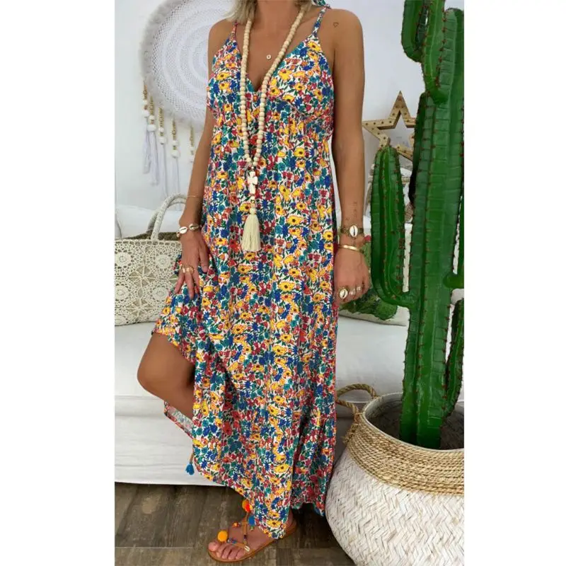 Frauen Boho Blumen Maxi kleid Party Riemchen Baumwolle Kleid Sommer Strand Urlaub Spaghetti träger Sommerkleid plus Größe 3xl 4xl 5xl