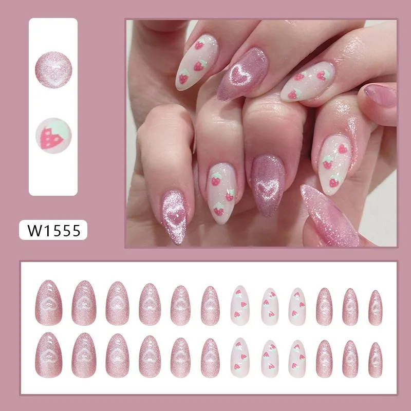 24 piezas de uñas de presión de almendra en rosa con ojo de gato y diseños de corazón y fresa, uñas acrílicas brillantes para mujeres y niñas 2