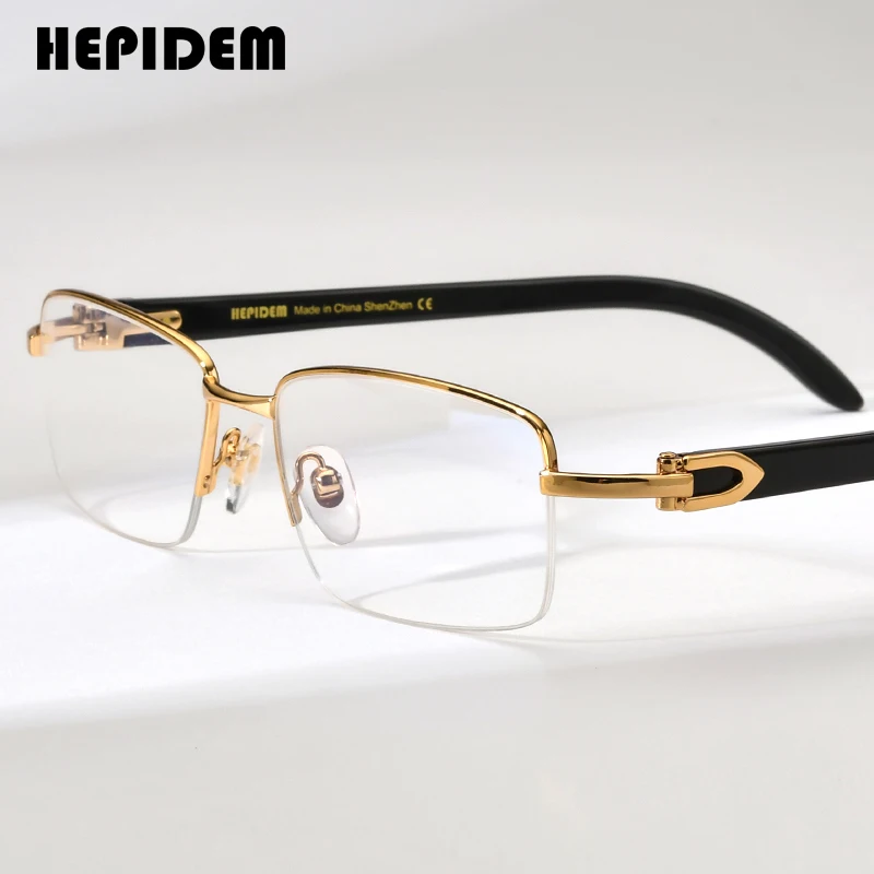 HEPIDEM Buffalo Horn Eyeglasses Frame Men Luxury Brand Design Square High Quality Semi Rimless Half Glasses Buffs Eyewear Women