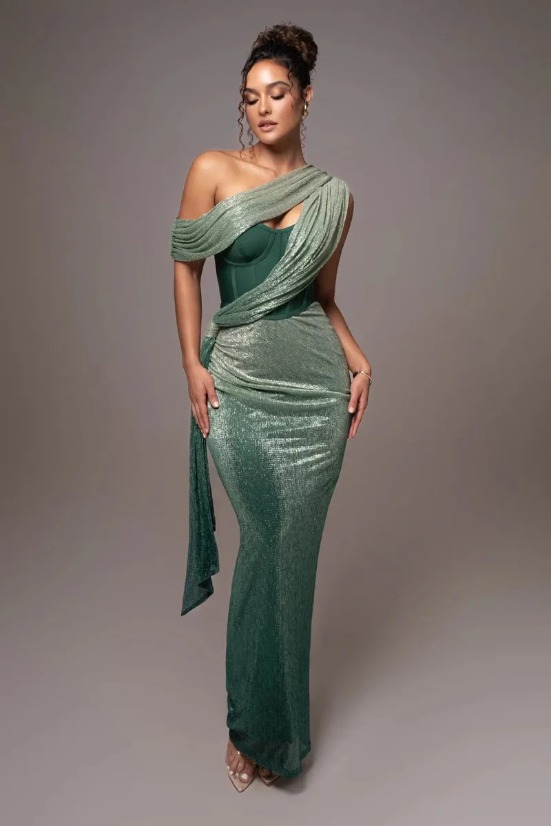 Highend Women's Clothing inregular cutting Sloping Off Shoulder Party Dress in Shiny GREEN Color