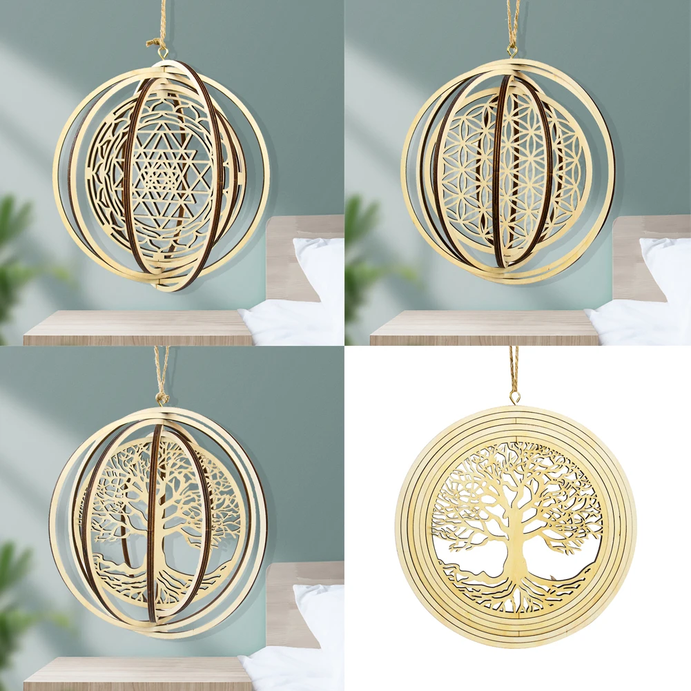 

Natural Wood Laser Carving Energy Reiki Tree of Life Flowers Mandala Spinning Sequins Pendant Rotate Wind Chimes Hanging Decor