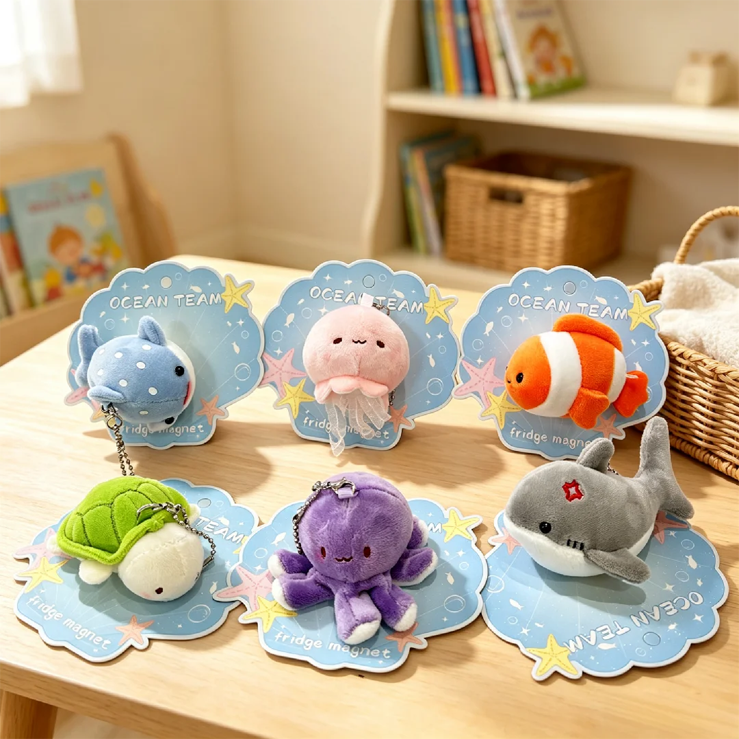 2‑in‑1 Ocean Creature Plush Fridge Magnet & Key Chain Cute Sea Animal Stuffed Pendant Bag Ornament For Refrigerator Decor Gift