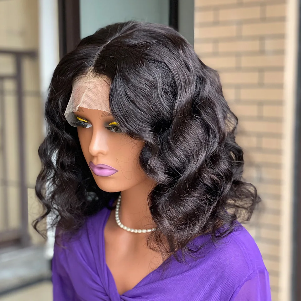 Dupla desenhada onda natural frontal peruca de cabelo humano 14 polegada 13x4 frente do laço completo peruca feminina sedosa e macia peruca do laço