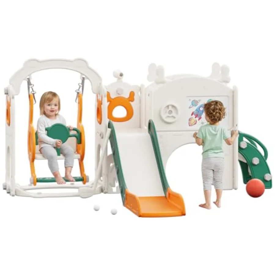 屋内屋外兼用幼児用滑り台とブランコセット 1～3歳向け バスケットゴール付き ドローイングゴルフ イエローグリーン 82×67×41インチ プラスチック製木製