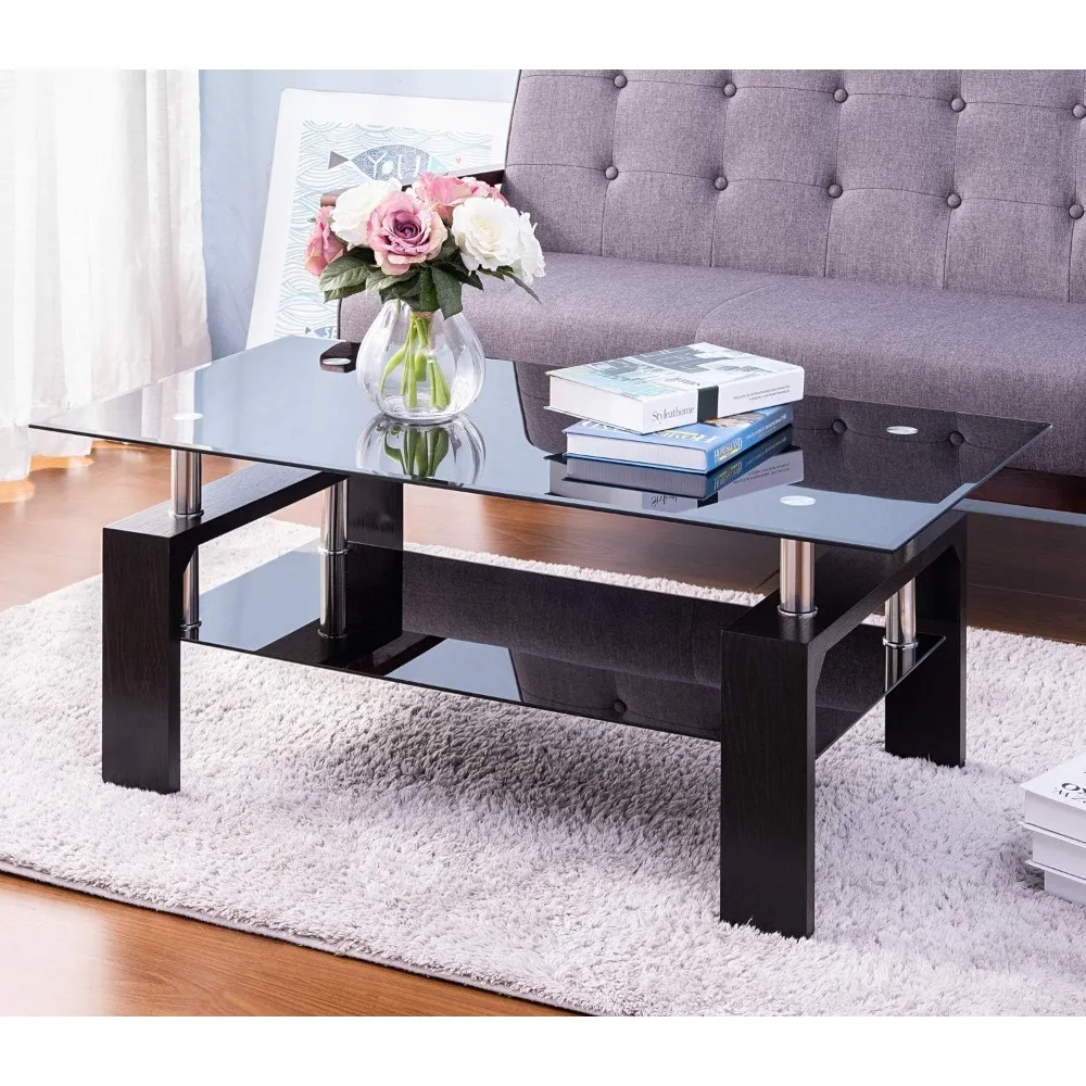 

Black Highlight Glass Top Coffee Table with Black Metal Legs, for Living Room, Bedroom and Dining Room, All Black