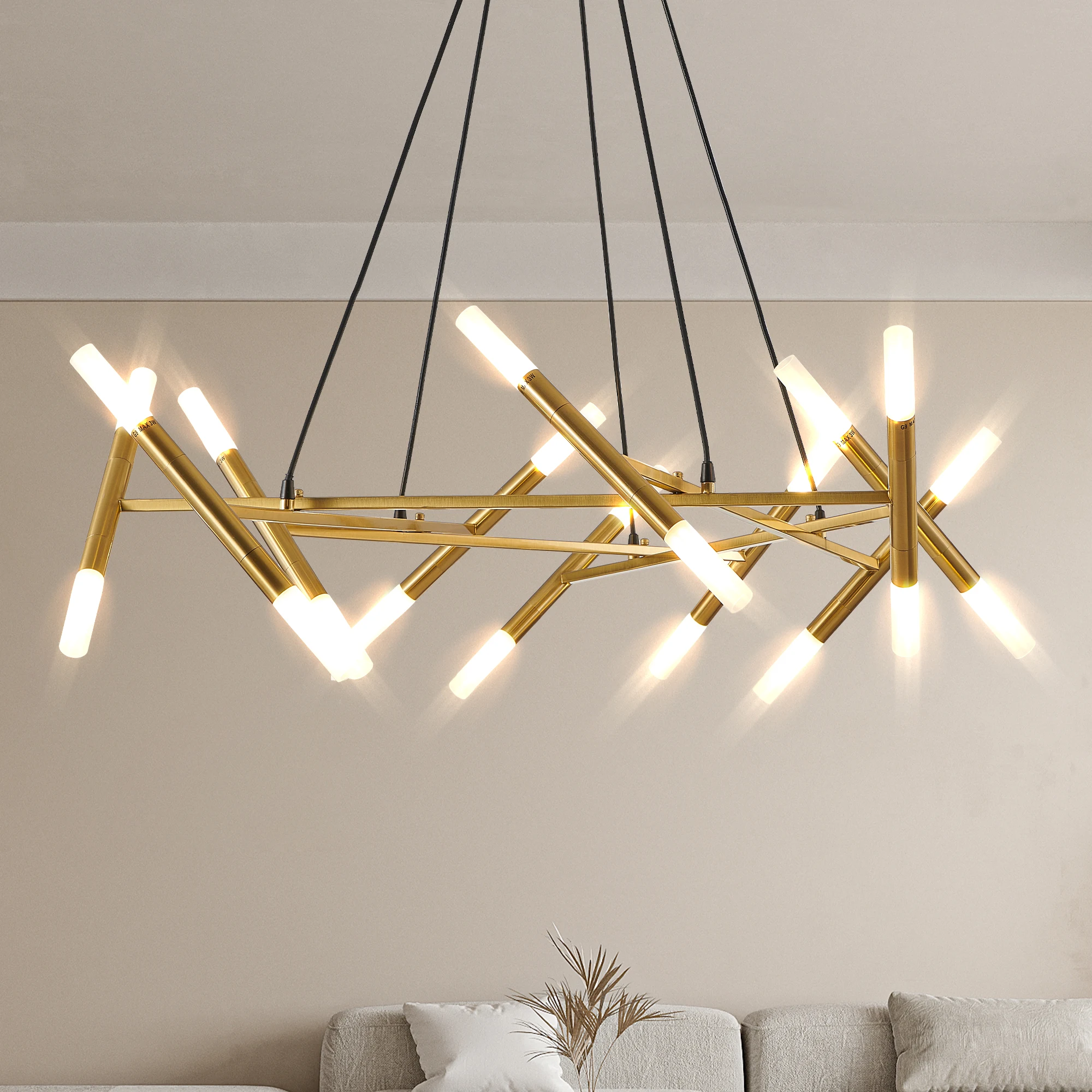 Golden Modern Chandelier Light , Branch Design with Frosted Tubes, Black Cords, Adjustable Height Pendant Light(No Bulb )