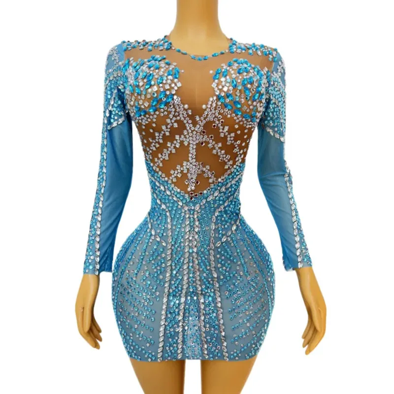 Sexy Mesh Transparent Sparkly Rhinestones Chains Long Sleeve Short Dress Celebrate Evening Prom Birthday Dress Show Stage Dress