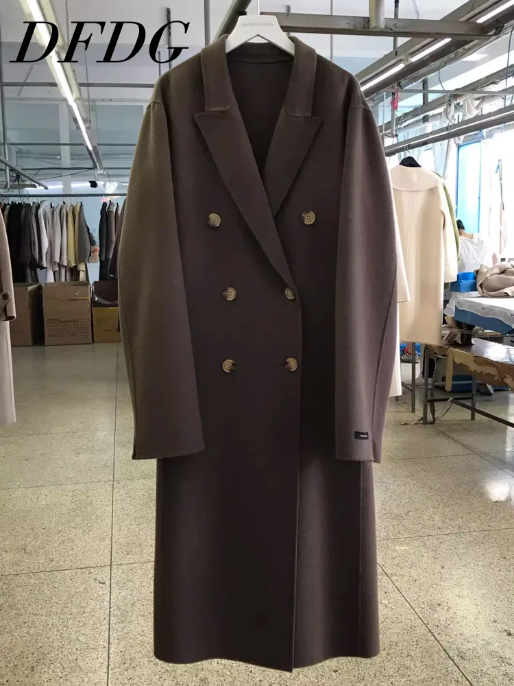 

DFDG 2025 Autumn Winter Women’s Double Faced Wool Suit Lapel Double Breasted Long Coat Outerwear Versatile Office Chic Overcoat