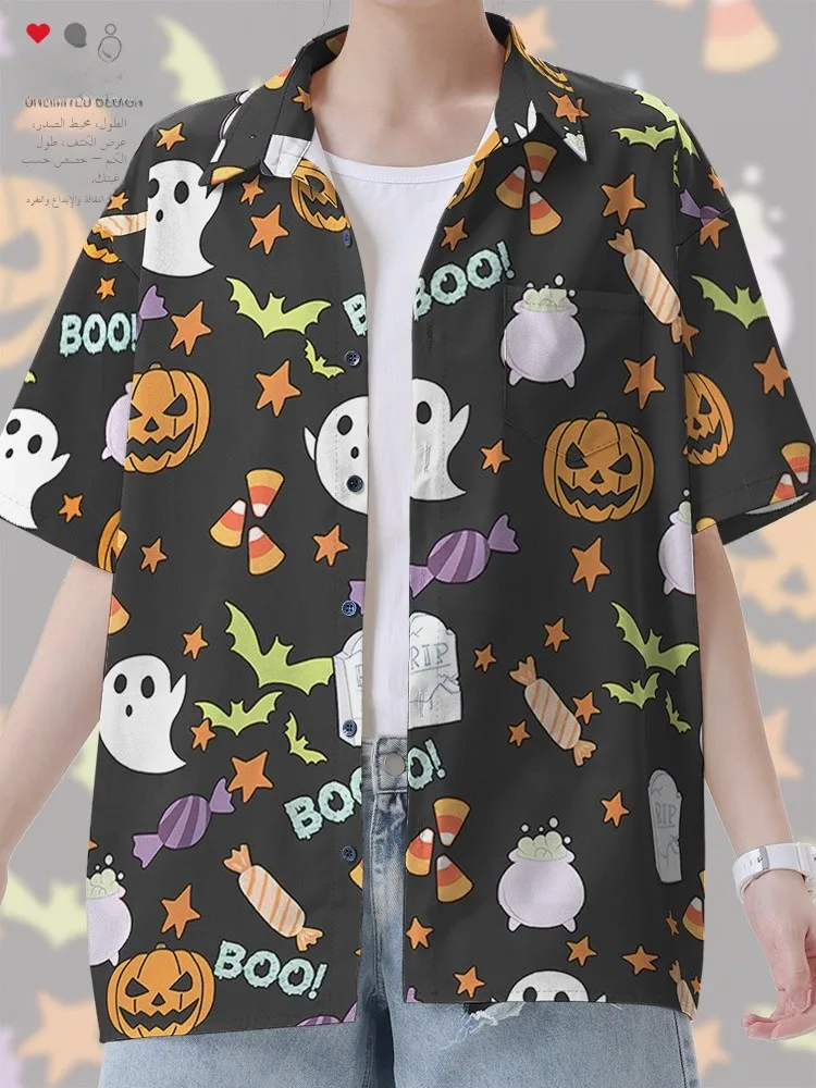 

Cute Cartoon Halloween Party Pumpkin Head Ghost Bat Graffiti Short Sleeve Shirt Unisex Polyester Fiber Standard Fit Printed S...