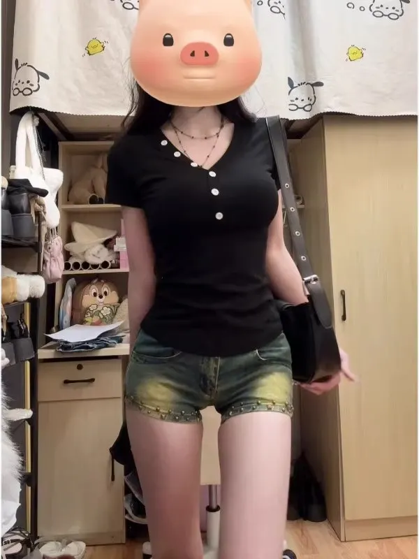 Camiseta de Verano, Corte Ajustado, Cuello en V, Estilo Coreano, Informal, para el Trabajo, de Algodón y Poliéster, Regular, Delgada