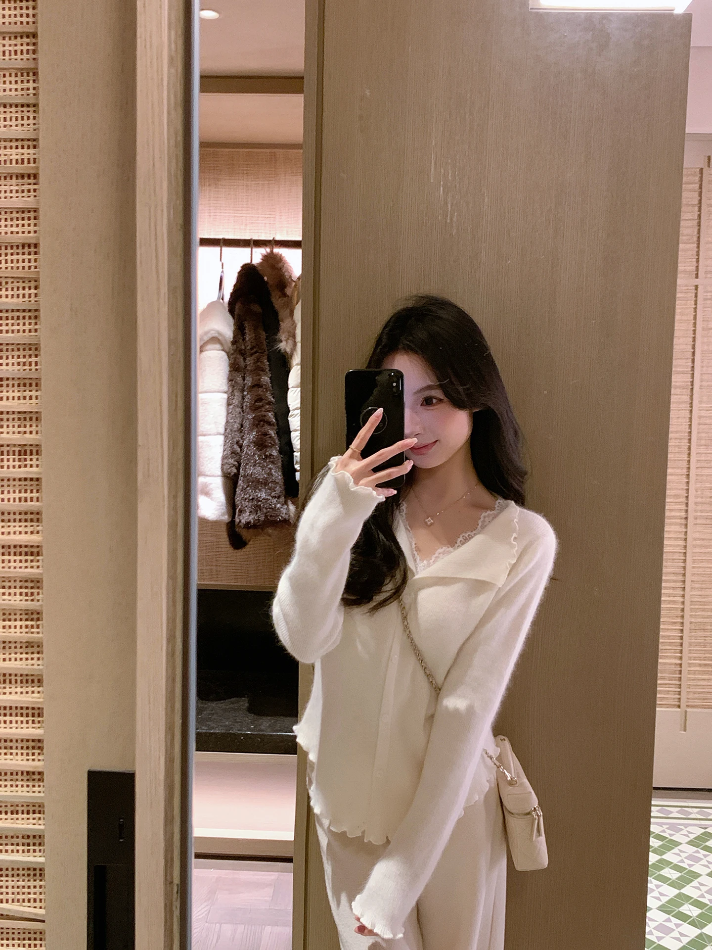 

Кардиган женский Zhouye 2025 осень-зима, новый, из смесового ворса белого медведя, с кружевными вставками, открытый, в стиле Pure Desire, милый, длинный рукав