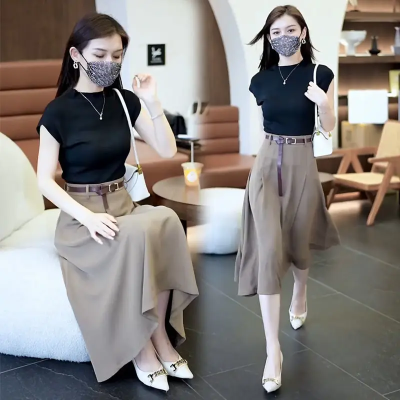 

Faionable Slimming Summer Outfit Women's Cap Sve High Waist A-Line Skirt Two-Piece Set Sli Trendy Ensemble