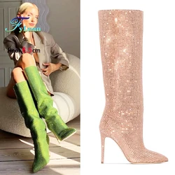 Luxury Rhinestones Blingbling Pointed Long Boots For Women 8.5CM Stiletto Heels Knee-high Model Stage Show Shoes Botas De Mujer