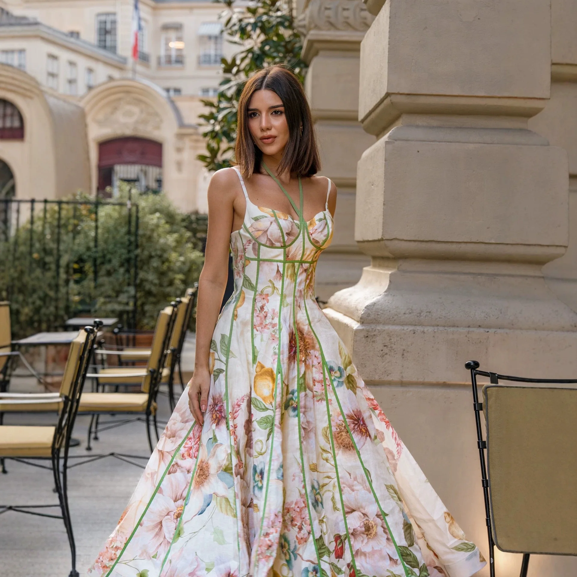 

2026 New Womens Sexy Floral Print Spaghetti Strap Corset Maxi Dress A Line Sleeveless Skirt for Beach Summer Travel Holiday Wear