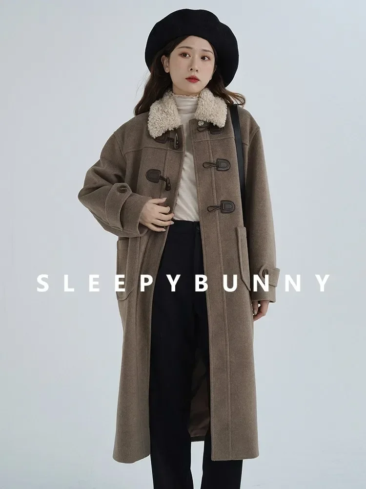 Vintage Wool-Like Horn Coat with Lamb Wool Collar Stylish Cozy Women Wool-Like Overcoat Warm Elegant Outerwear for Fall Winter